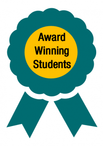 Icon of award with the words 'award winning students'
