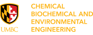 UMBC shield logo with UMBC wordmark below in UMBC gold. The wordmark for the department of Chemical, Biochemical and Environmental Engineering in UMBC gold.