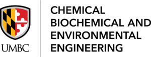 UMBC shield logo with UMBC wordmark below in black. The wordmark for the department of Chemical, Biochemical and Environmental Engineering in black.